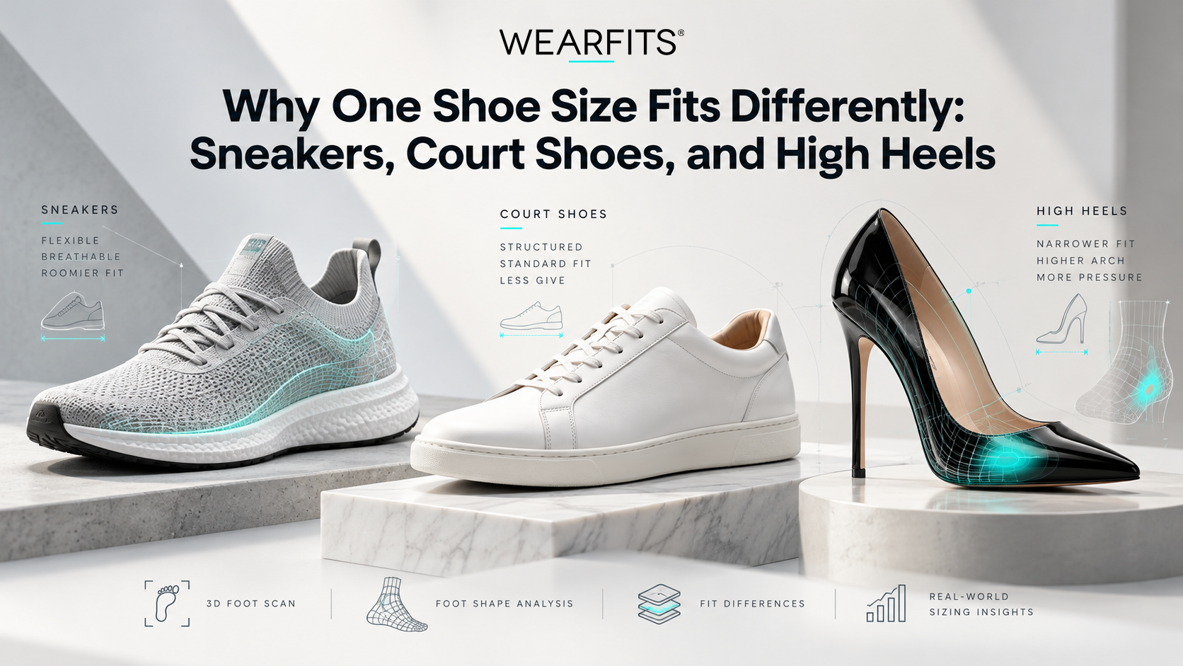 WEARFITS comparison of sneakers, court shoes and high heels showing differences in construction, fit and foot pressure.