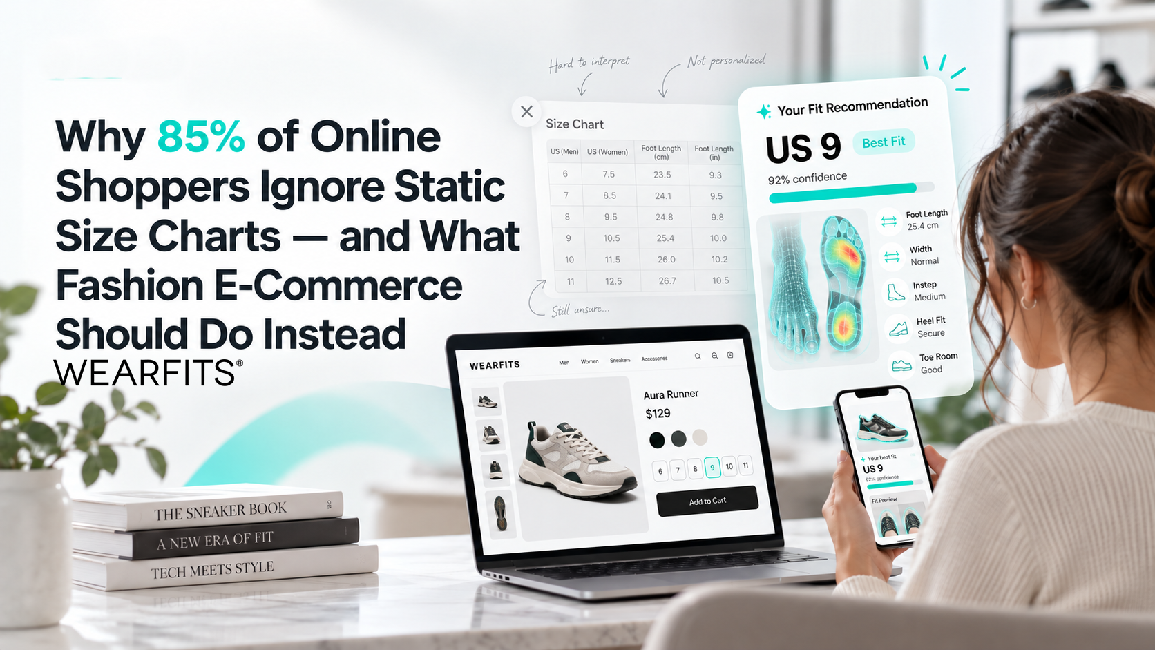 WEARFITS illustration comparing a static size chart with personalized AI footwear fit recommendations on a laptop and smartphone.